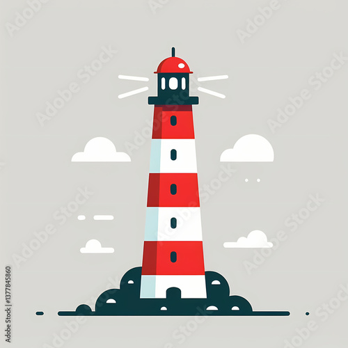 Flat vector illustration of a tall lighthouse on a rocky coast, featuring bold red and white stripes, clean geometric shapes, and a minimalistic design, symbolizing maritime navigation 