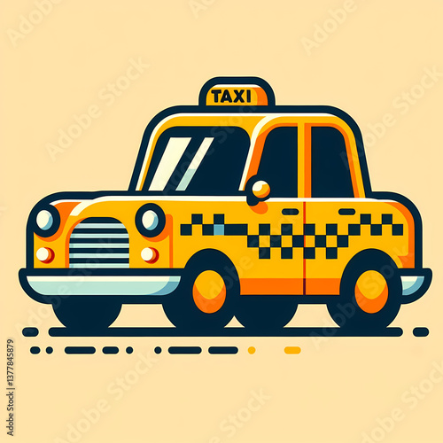 Flat vector illustration of a yellow taxi with a checkered pattern, simple shapes, bold colors, urban background, clean and modern design.