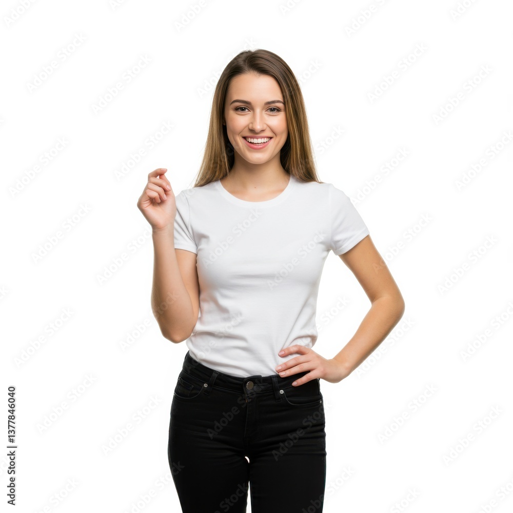 pretty girl smiling model pose wearing white t-shirt black jeans to create mockups pretty girl smiling model pose wearing white t-shirt black jeans to create mockups