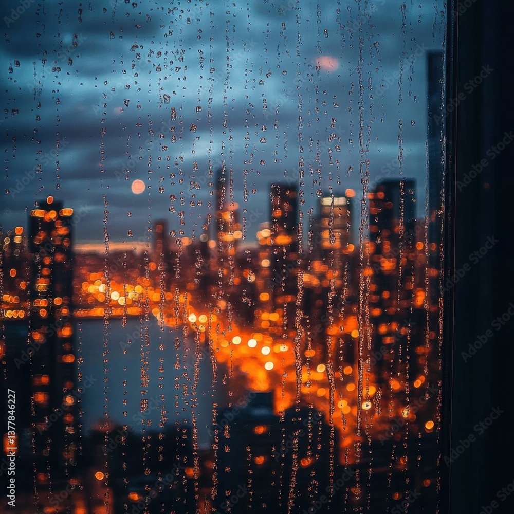 Obraz premium Cityscape at Night with Raindrops on Window Pane Featuring Lights