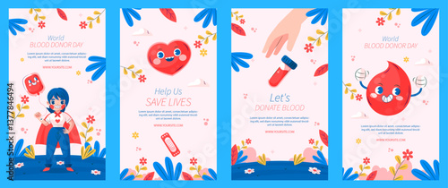 World Blood Donor Day Instagram stories collection, An engaging and dynamic digital illustration to promote blood donation on June 14, featuring donors and blood bags.