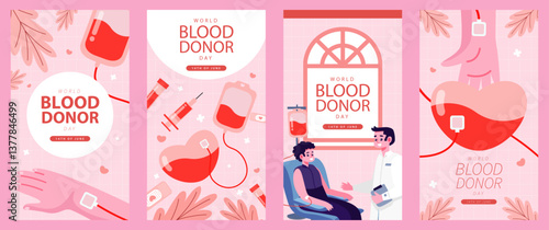 World Blood Donor Day Instagram stories collection, An engaging and dynamic digital illustration to promote blood donation on June 14, featuring donors and blood bags.