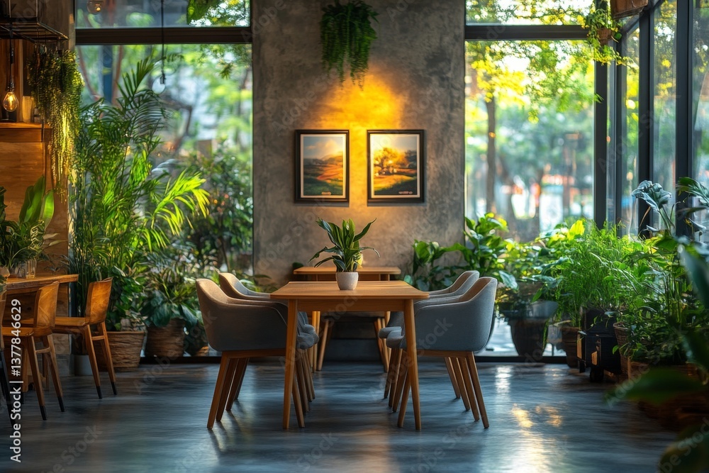 Bright, inviting café features wooden tables and grey chairs surrounded by vibrant plants, creating a relaxing atmosphere in the warm evening light Generative AI Bright, inviting café features wooden tables and grey chairs surrounded by vibrant plants, creating a relaxing atmosphere in the warm evening light Generative AI