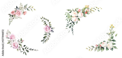 Vector watercolor floral border wreath. Spring pink roses frame with leaves, yellow grass flowers,Cards, invitations, decorative borders garlands. Wedding, Mother's Day, Valentine's Day, Women's Day