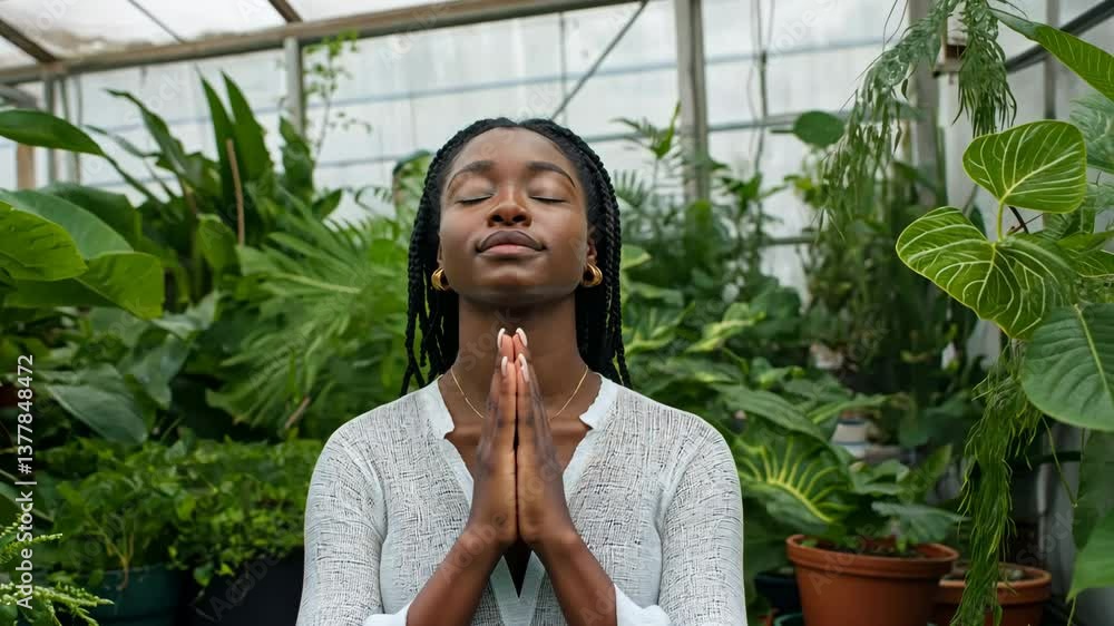 A woman is sitting in a greenhouse surrounded by plants. She is wearing a white shirt and is praying A woman is sitting in a greenhouse surrounded by plants. She is wearing a white shirt and is praying