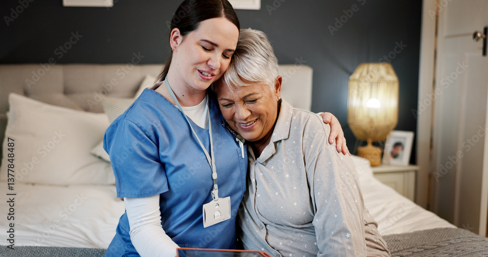 Obraz premium Healthcare, hug and caregiver with elderly patient, bedroom and bonding in nursing home, smile and kind. Senior care, women and empathy for old person with embrace, nurse and help for rehabilitation