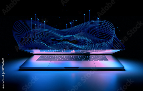 Obraz na plátne A futuristic laptop with glowing digital waves emerging from its screen, symboli