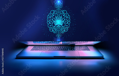 A futuristic laptop with glowing digital waves emerging from its screen, symbolizing AI, data flow, technology