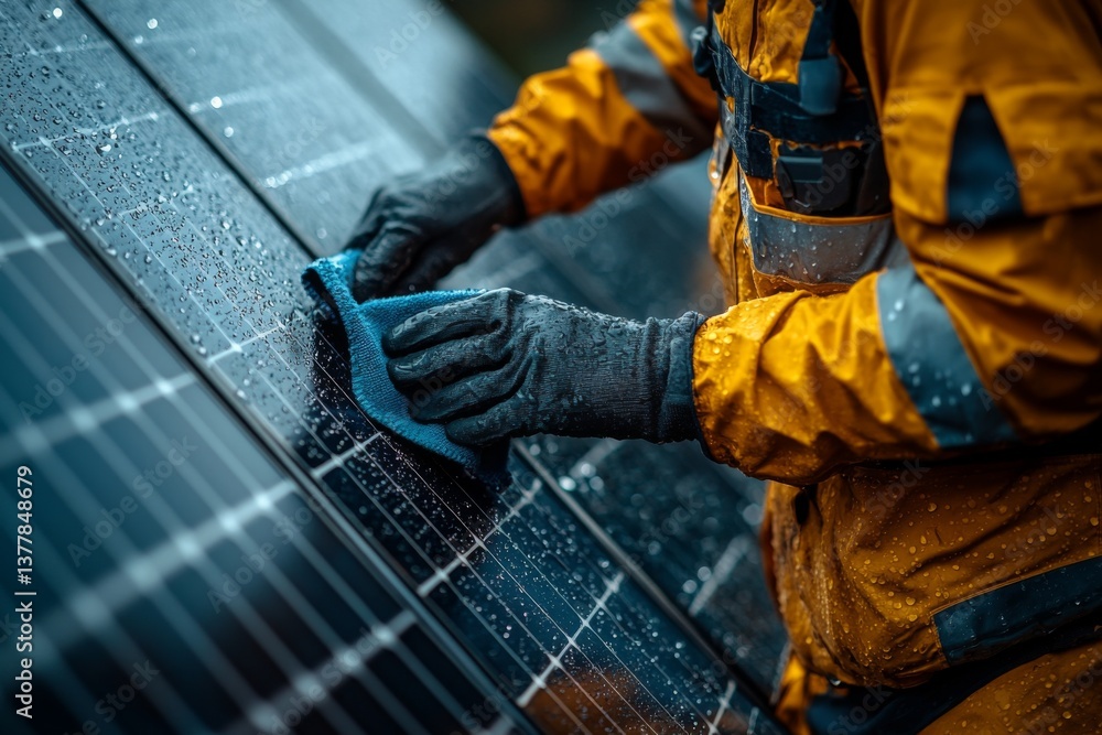 A maintenance worker in a yellow raincoat wipes down rain-soaked solar panels to remove dust and debris, ensuring maximum energy efficiency during cloudy weather Generative AI A maintenance worker in a yellow raincoat wipes down rain-soaked solar panels to remove dust and debris, ensuring maximum energy efficiency during cloudy weather Generative AI