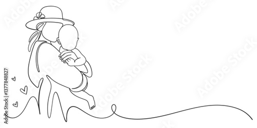 Mothers and son line art style vector illustration, mother day celebration background