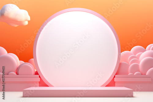 Obraz na płótnie A realistic mock-up featuring an orange-themed background with a frame for inserting a poster or picture. The composition includes spherical elements like balls w salonie