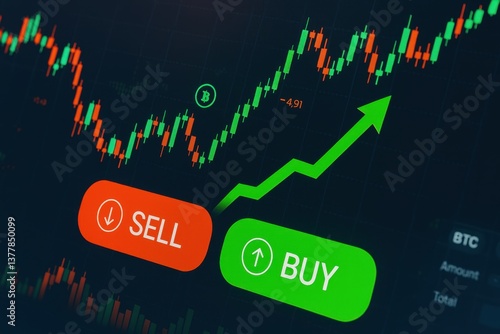 Bitcoin cryptocurrency trading showing buy and sell options with upward trend