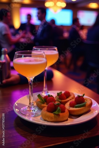 Drinks and appetizers at a conference networking event , table, drinks