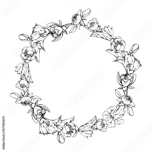 Spring white apple cherry sakura flowers buds leaves, forest cloudberry anemone primrose ephemera, hand drawn vector ink. Wreath frame isolated illustration, for wedding, florist shop, scrapbooking