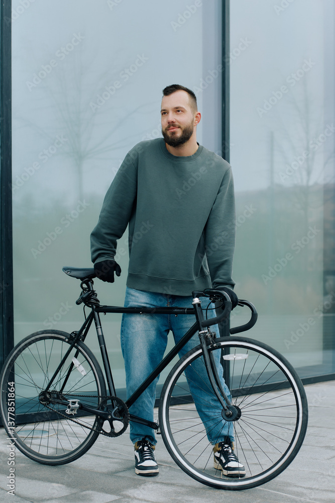 A young man in a green sweatshirt leans casually on a black bicycle by a contemporary glass building. A young man in a green sweatshirt leans casually on a black bicycle by a contemporary glass building.