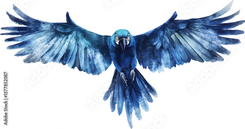 Blue macaw flying with wings spread out, isolated on white background