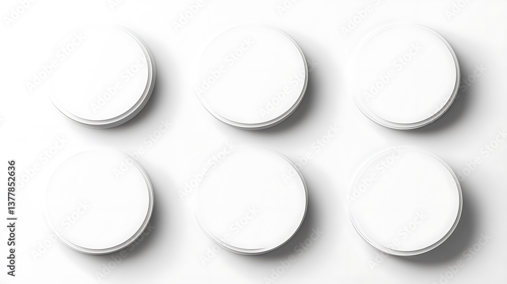 Six Minimalist White Round Shapes with Subtle Shadows on Clean White Background Texture Six Minimalist White Round Shapes with Subtle Shadows on Clean White Background Texture