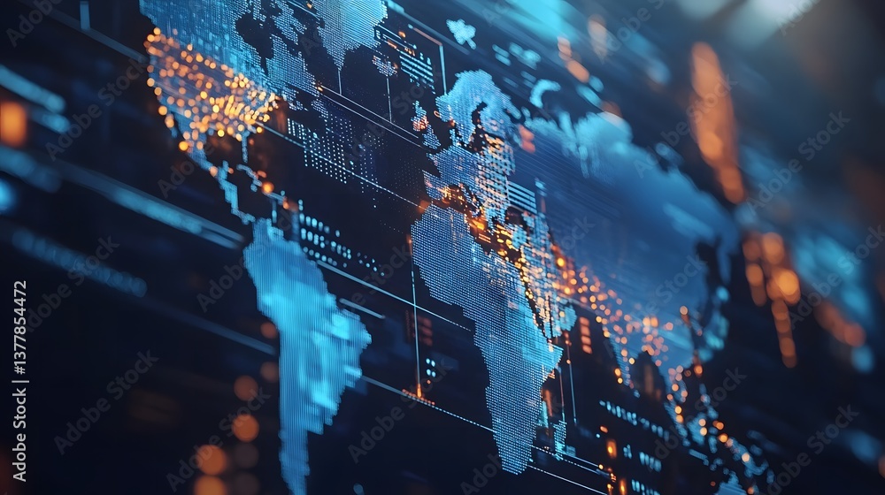 Fototapeta premium Global Network in Cyberspace: The image depicts a digital rendering of the world map showcasing a global network, symbolizing technology and communication across continents.