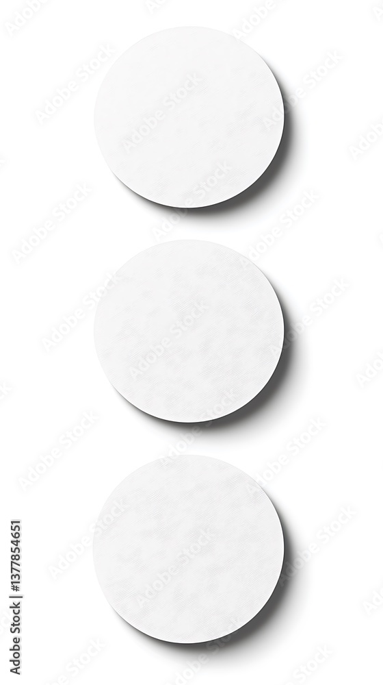 Three White Round Paper Discs, Stacked Vertically with Shadow on a White Background Three White Round Paper Discs, Stacked Vertically with Shadow on a White Background