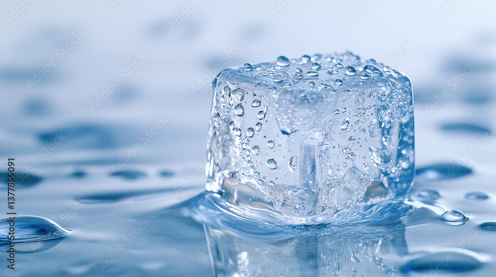 A high-resolution artistic photo of a single ice cube with water droplets, melting into a glossy surface, gentle blue reflections