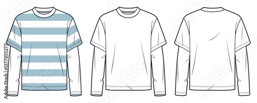 Long Sleeve Layered T-Shirt Technical Fashion Illustration, striped design. Tee Shirt fashion flat technical drawing template, front and back view, white, blue, women, men, unisex Top CAD mockup set.