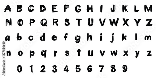Bold streak brush-style alphabet and numbers