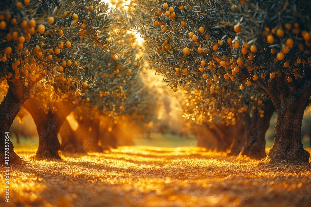 Fototapeta premium Golden sunlight filters through lush olive groves in Italy, illuminating the ripe fruit ready for harvest, creating a serene and bountiful atmosphere Generative AI