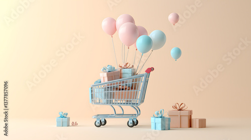 Shopping Cart Filled with Gifts and Balloons