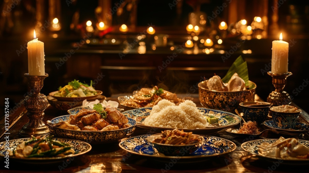Traditional thai khantoke feast displaying an array of delicious dishes on a beautifully set dining table Traditional thai khantoke feast displaying an array of delicious dishes on a beautifully set dining table