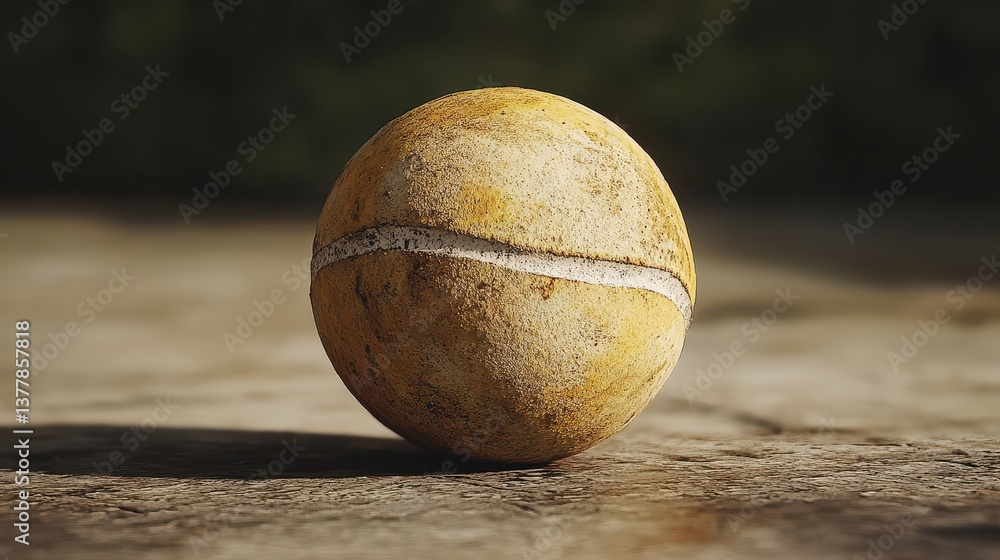 Close-up of a weathered tennis ball on a rough surface in natural light Close-up of a weathered tennis ball on a rough surface in natural light