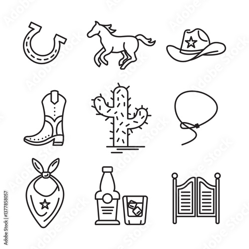 Set of editable line art western cowboy themed icon set