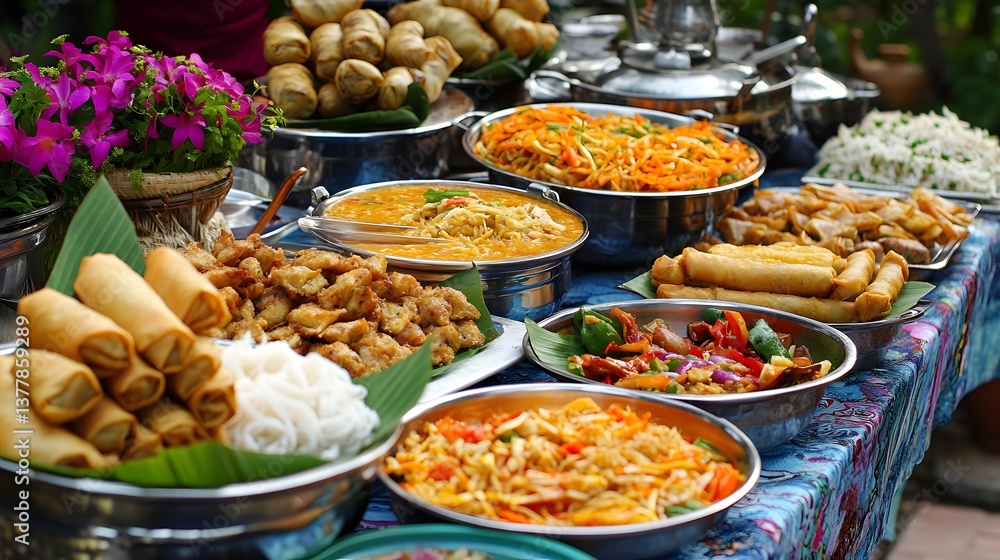 Fototapeta premium Table filled with vibrant Thai dishes including spring rolls pad thai and curries