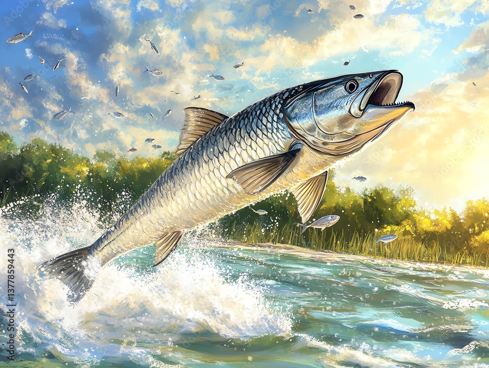 Silver Tarpon Fish Jumping Out of Water with Sky and Trees