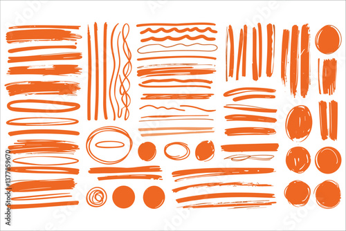 Set of orange marker brush stroke. Abstract orange marker brush stroke circles vector. Abstract watercolor orange brush stroke elements. Orange marker hand-drawn circles, swirls, and lines vector