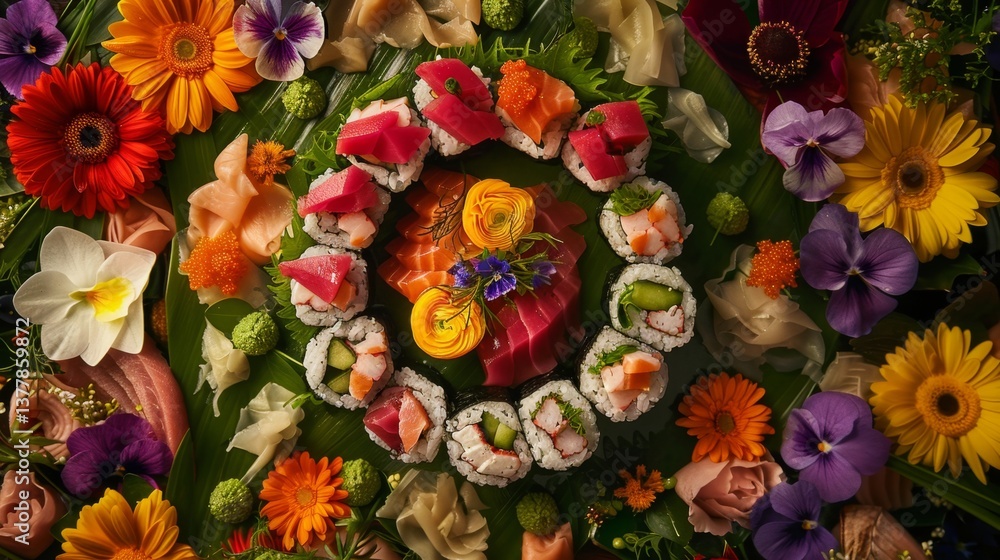 Top view of sushi platter with assorted nigiri, sashimi, and maki rolls, garnished with edible flowers Top view of sushi platter with assorted nigiri, sashimi, and maki rolls, garnished with edible flowers