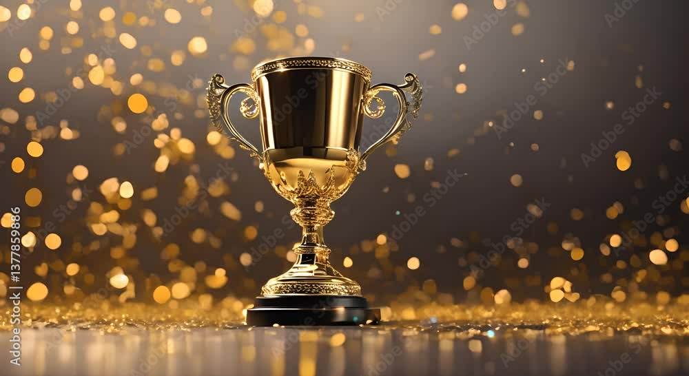 Golden trophy with sparkling confetti on a dark background Video of award and celebration concept 4K Golden trophy with sparkling confetti on a dark background Video of award and celebration concept 4K