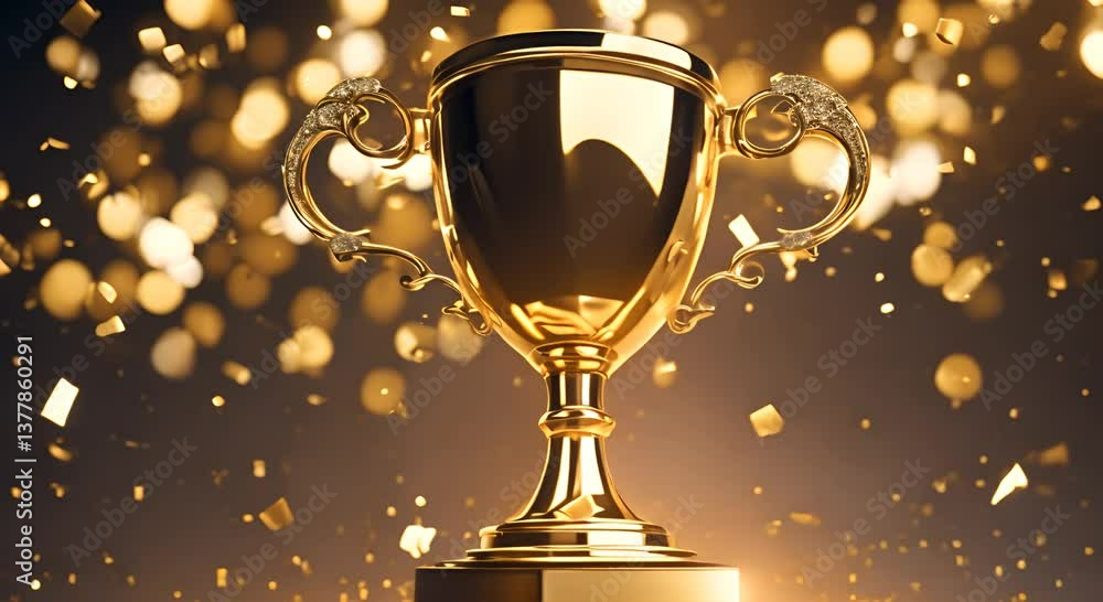 Golden trophy with sparkling confetti on a dark background Video of award and celebration concept 4K Golden trophy with sparkling confetti on a dark background Video of award and celebration concept 4K