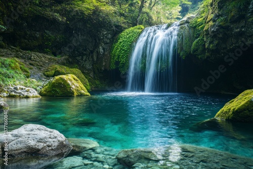 Waterfall Flowing Into Clear Pool Surrounded by Green Forest Landscape
