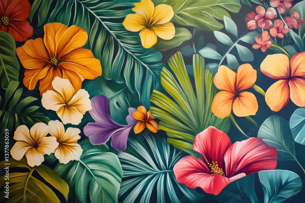 custom made wallpaper toronto digitalVibrant tropical floral wall art featuring hibiscus and lush foliage