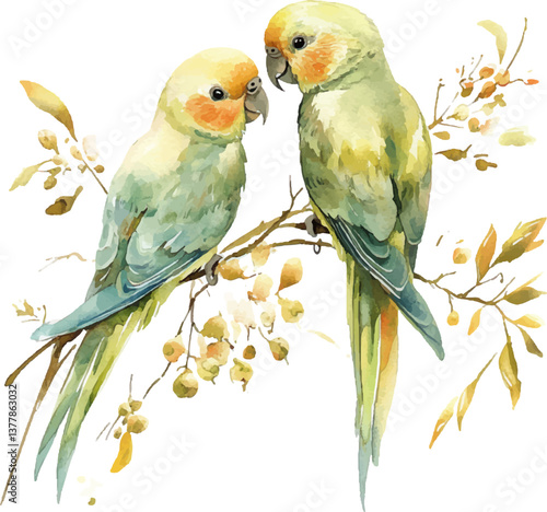 Watercolor painting of a cute pair of parrots sitting on a branch. Vector illustration isolated on white background