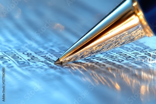 Wallpaper Mural Pen tip on paper. Faint text visible. Reflective lighting. Blue and golden tones Torontodigital.ca