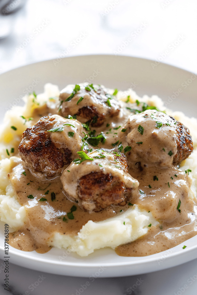 Traditional Swedish meatballs with creamy sauce and mashed potatoes on white background Traditional Swedish meatballs with creamy sauce and mashed potatoes on white background