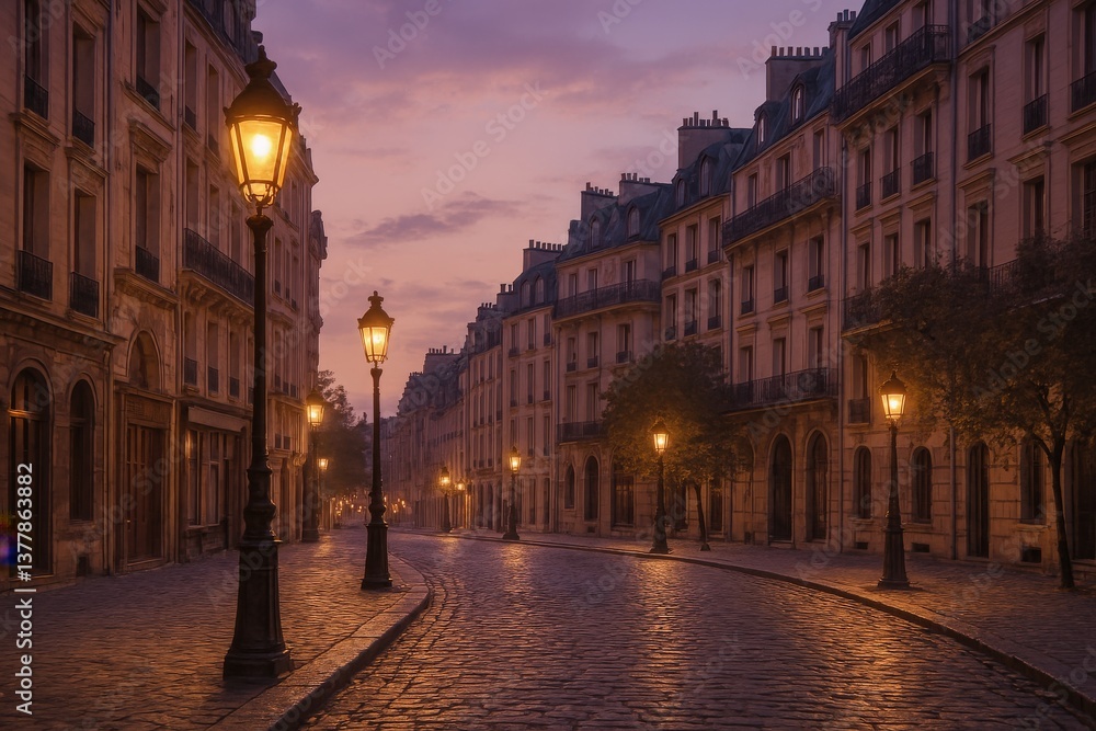 Fototapeta premium AI-generated digital illustration of a romantic European street at dusk with vintage lanterns, cobblestone road, and classic architecture. Perfect for travel, storytelling, or urban design themes.