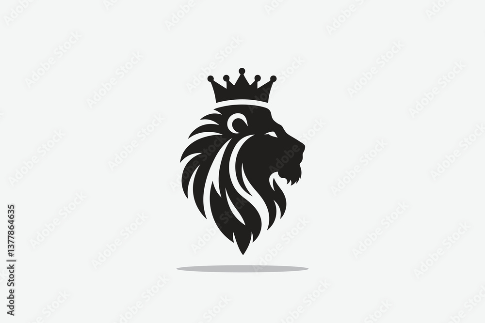 Obraz premium minimalist silhouette of lion's head front with a crown on its head as logo style in black and white