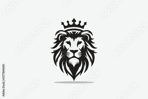  minimalist silhouette of lion's head front with a crown on its head as logo style in black and white