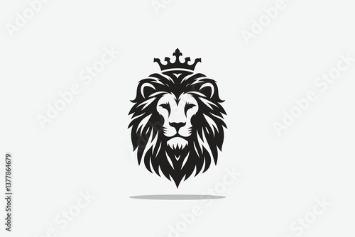  minimalist silhouette of lion's head front with a crown on its head as logo style in black and white
