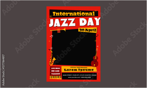 Jazz Day Flyer. Music festival.Vector illustrations of musicians, people and musical instruments: drums, cello, synthesizer, tape recorder for poster, flyer or background
