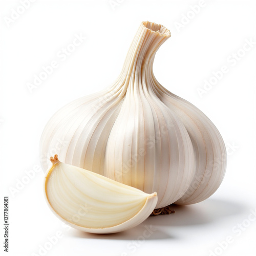 Whole garlic head, separate clove, ultra-clear, isolated food photography