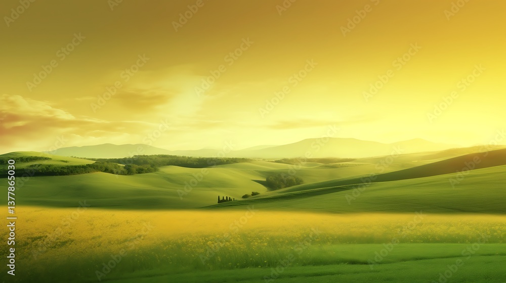 Obraz premium Serene Rolling Hills Landscape Under Golden Sunset Sky