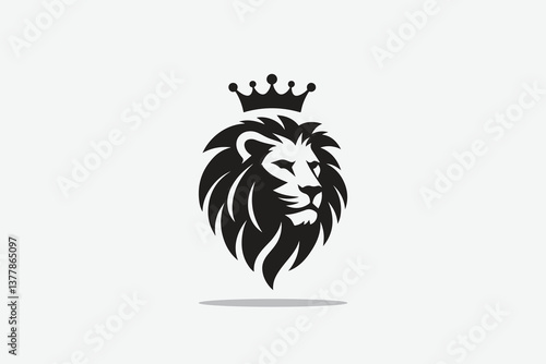  minimalist silhouette of lion's head front with a crown on its head as logo style in black and white
